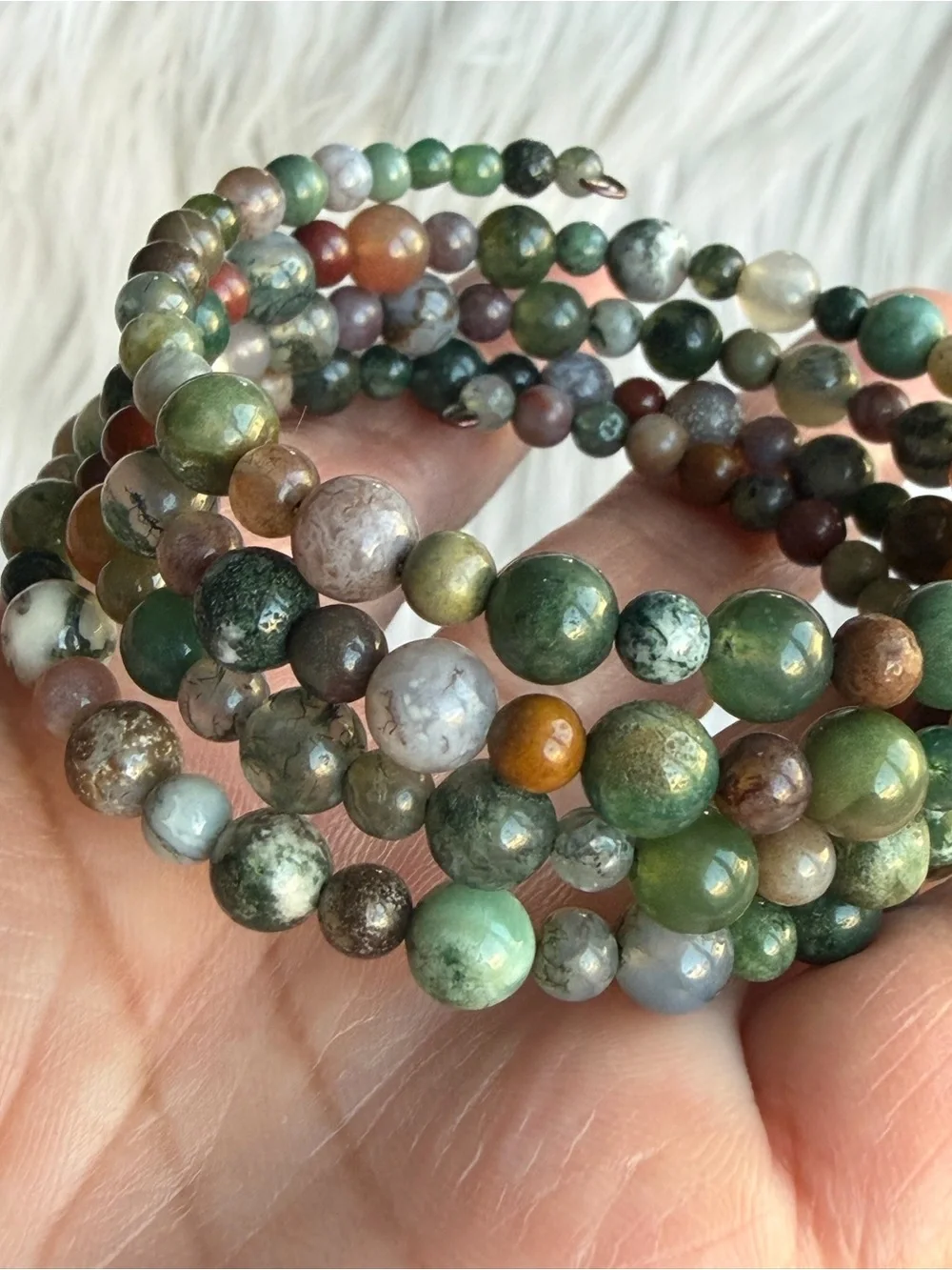 Multicolor Graduated Natural Stone Bead Memory Wire Bracelet - Green Accents